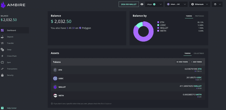 Screenshot of Ambire Wallet's web dashboard (old design)