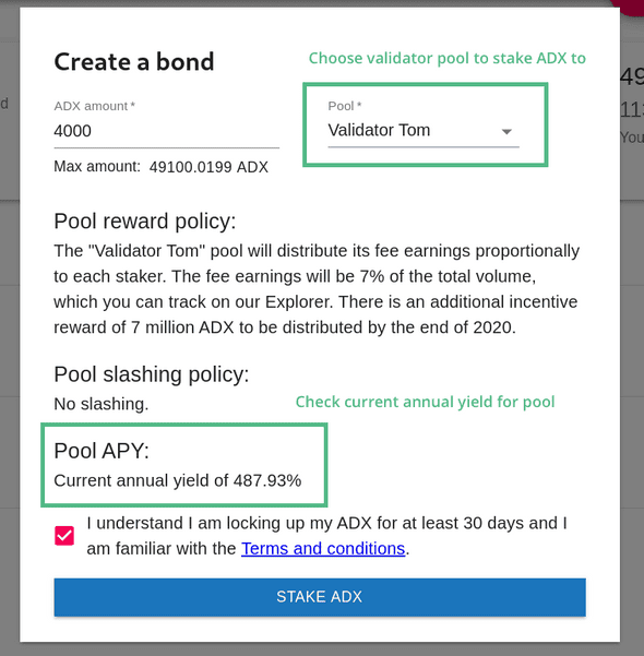 Create a new staking bond on Tom's validator