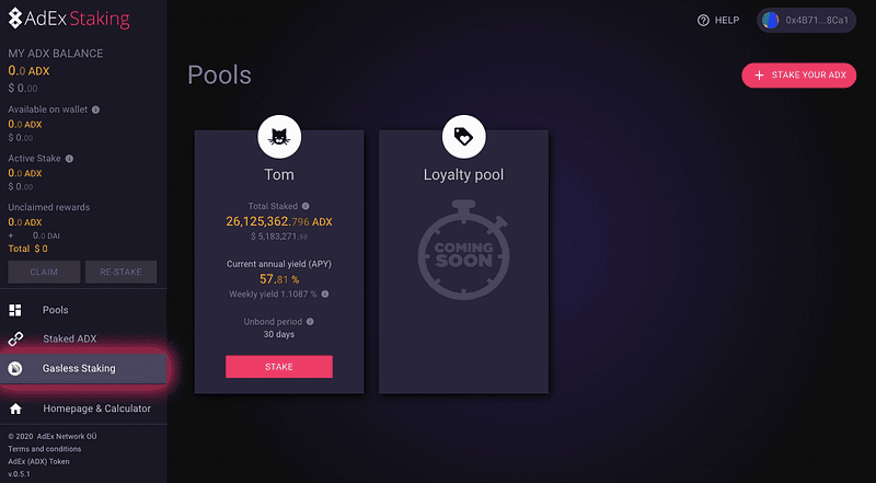 AdEx Staking Portal with the gasless staking highlighted on the menu