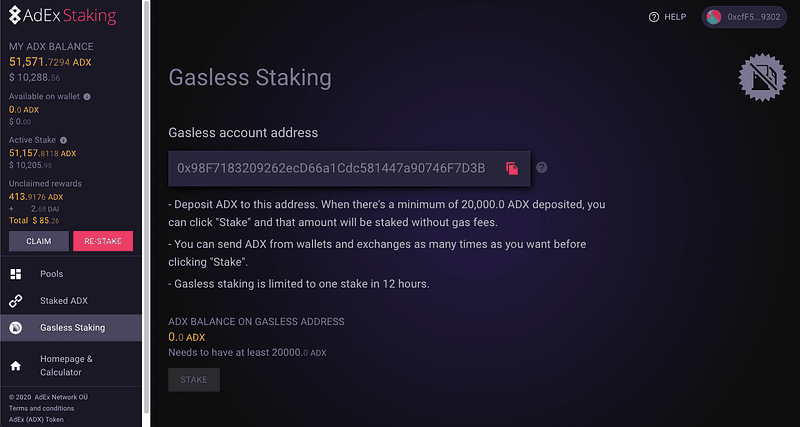 ADX gasless staking on AdEx Staking Portal