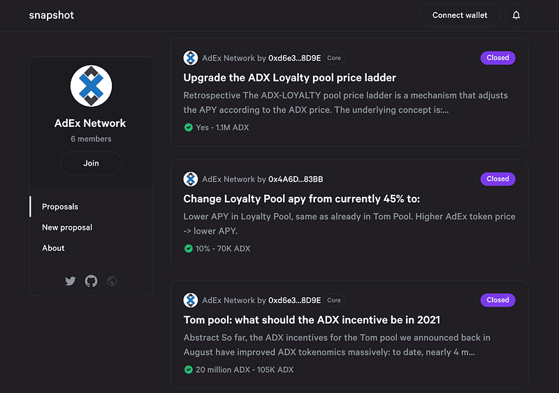 AdEx's Snapshot page