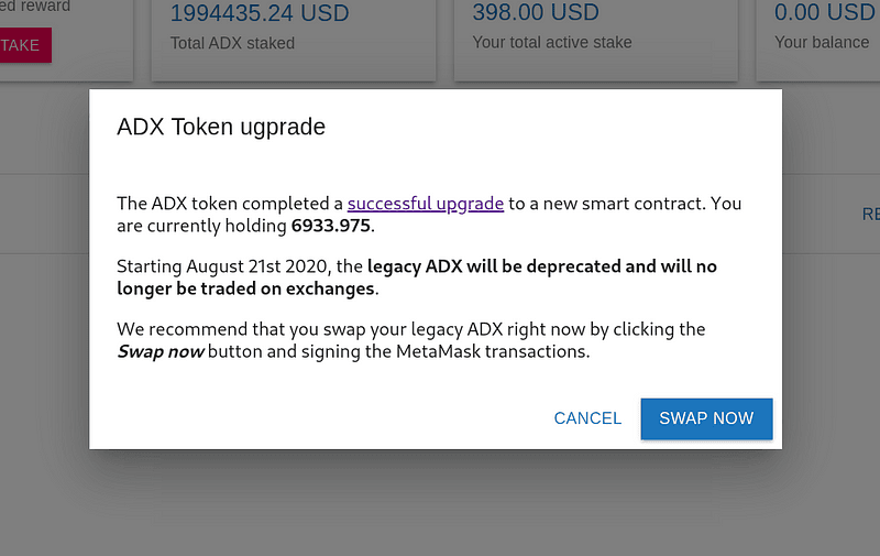 ADX token upgrade modal