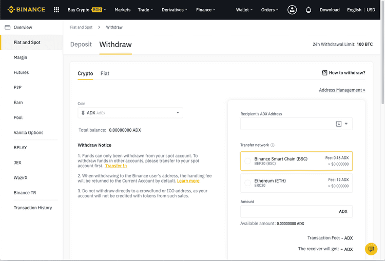 Binance withdraw page and the ADX token selected
