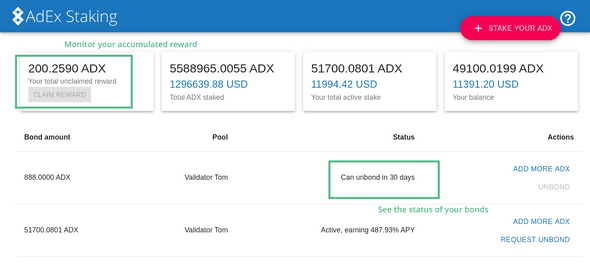 Screenshot of the AdEx Staking Portal showing the bond amount status