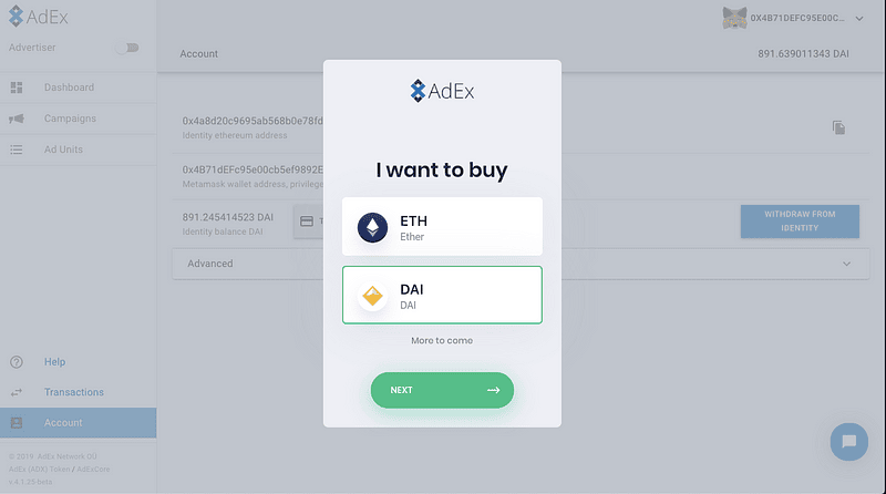 AdEx on-ramp modal with the I want to buy DAI option selected