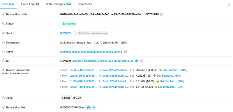 Snapshot of Etherscan showing a sweeping transaction, including a token transfer from 4 channels
