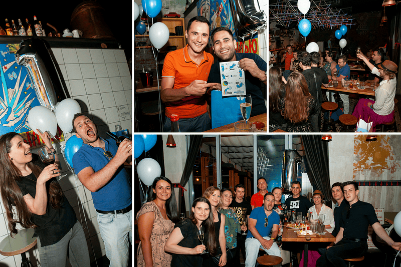 AdEx turning 1 birthday party with the team members posing for the camera