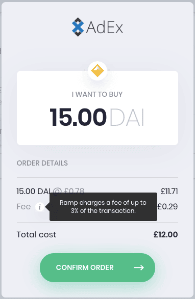 On-ramp modal on AdEx's platform showing purchase of 15 DAI