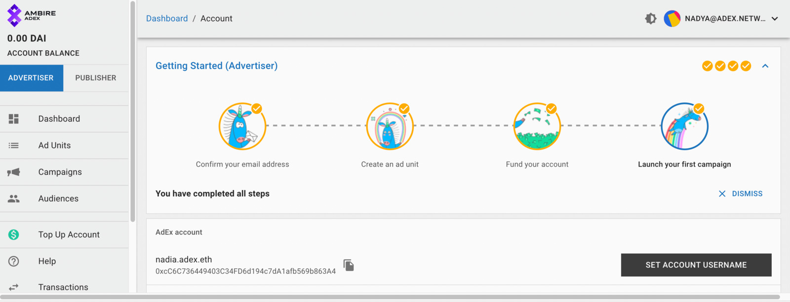 AdEx Platform with the Advertisers dashboard open